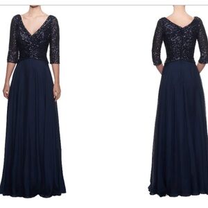 La Femme Chiffon & Sequin A-Line Navy Blue Gown Size 8